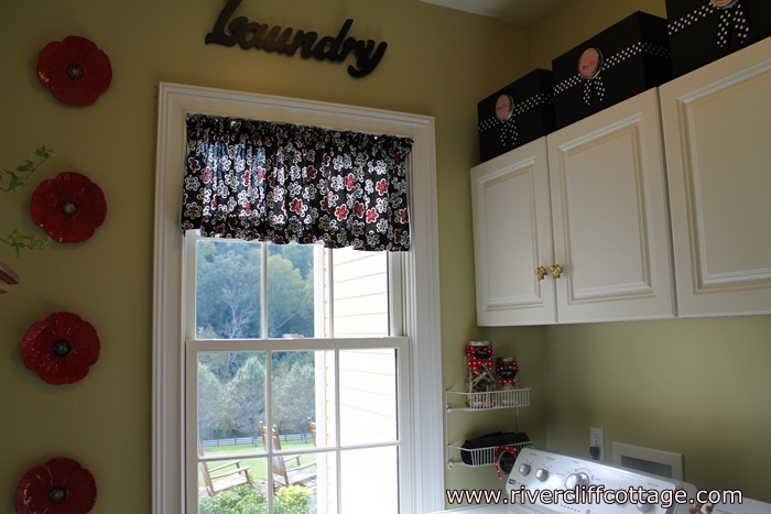 my laundry room got happy, home decor, laundry rooms, shelving ideas, I made my valance from a black red and white twill fabric which was 5 40 per yard It took 1 and 1 2 yards It s on a tension rod