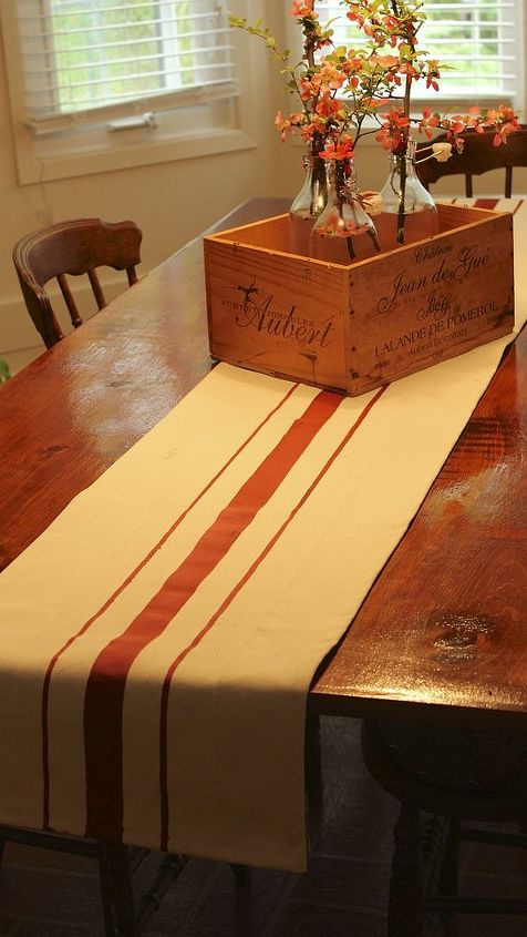 grain sack inspired table runner, home decor, Traditional colours include red black blue and green I made a custom rusty tone to match the window treatments in this room