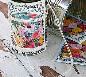 happy may day make flower baskets from tin cans, crafts, flowers, gardening, Tin cans seed packets and string combine to create darling little flower baskets buckets for May Day giving
