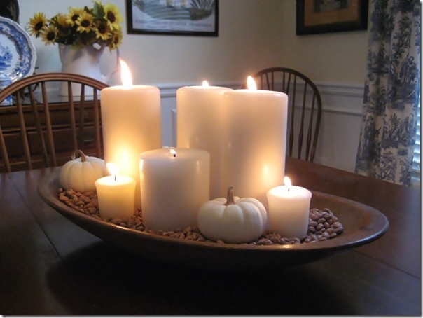 using my grandmother s dough bowl in fall decor, seasonal holiday d cor, thanksgiving decorations, The first look I used was very simple with pillar candles and baby boo pumpkins