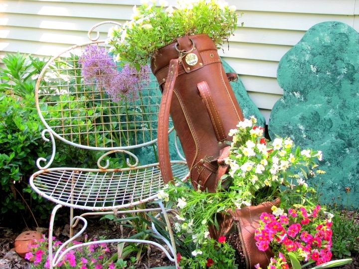 what to do with an old golf bag, flowers, gardening, repurposing upcycling, I propped it up against a wrought iron chair I bought at a tag sale When the top flowers start to grow and hang over the bag it should look great