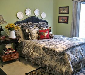 come in summer tour of my home, home decor, Ticking toile and checks in the guest bedroom