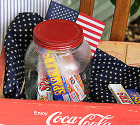 celebrating the red white and blue in style, outdoor living, patriotic decor ideas, seasonal holiday decor, You can never have too many sparklers I store them in a vintage jar in my Coke crate