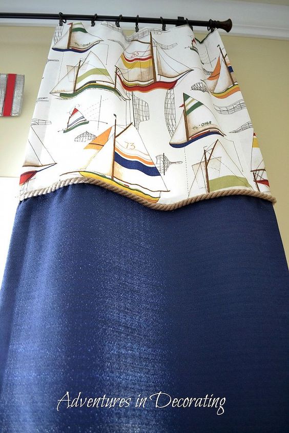my little man s playroom grows up just a tad, entertainment rec rooms, home decor, I chose a colorful vintage sailboat fabric and paired it with a solid navy nautical like cording separates the two