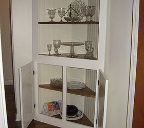 homemade corner cabinet, diy, kitchen cabinets, woodworking projects, There are 3 display shelves in addition to the top and the 2 shelves behind the doors