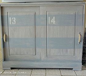 turn the bottom of a hutch into a tv stand, kitchen cabinets, painted furniture, stripes and numbers a little nautical I think