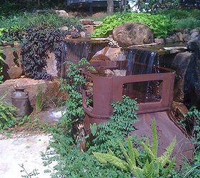 antique car pondless waterfall, landscape, outdoor living, ponds water features, repurposing upcycling, Pondless waterfall with a unique twist in Oklahoma