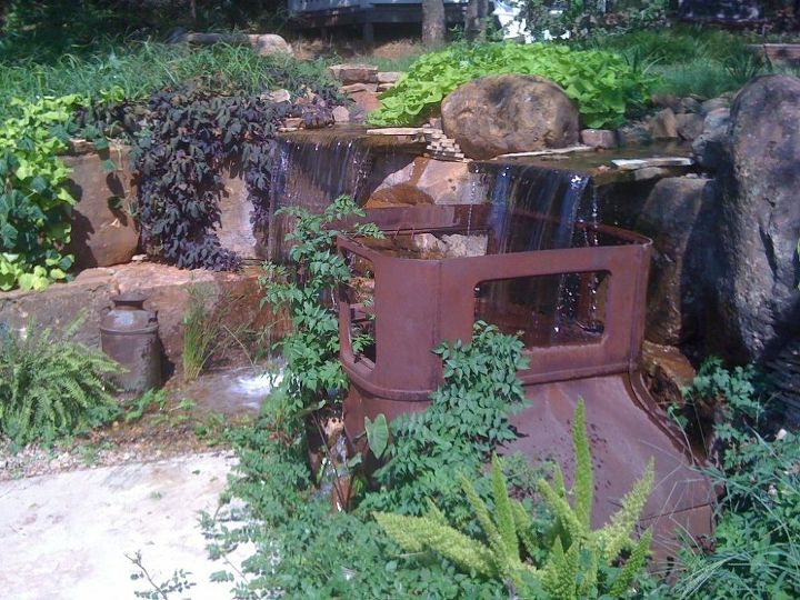 antique car pondless waterfall, landscape, outdoor living, ponds water features, repurposing upcycling, Pondless waterfall with a unique twist in Oklahoma