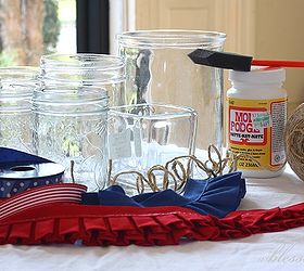 how to make easy diy patriotic luminaries, crafts, patriotic decor ideas, seasonal holiday decor, To make them you need glass jars ribbons trim jute twine ModPodge a brush and a glue gun Oh and scissors too
