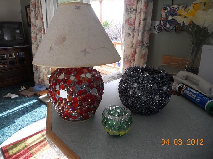 q my hobby sort of half marble art, crafts, Lamp bowl candle holder the lamp was one of those bean pot lamp bottoms the bowl just a bowl The candle holder was just a glass a candle you buy