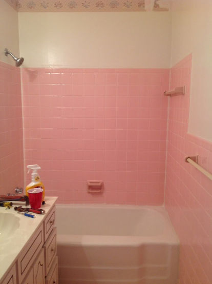 Adhesive From 1950 S Pink Wall Tiles, How To Remove Tile From Bathroom Wall Without Damaging Drywall