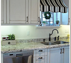 kitchen makeover bistro style, home decor, kitchen design, kitchen island, Kitchen awning and bronze faucet