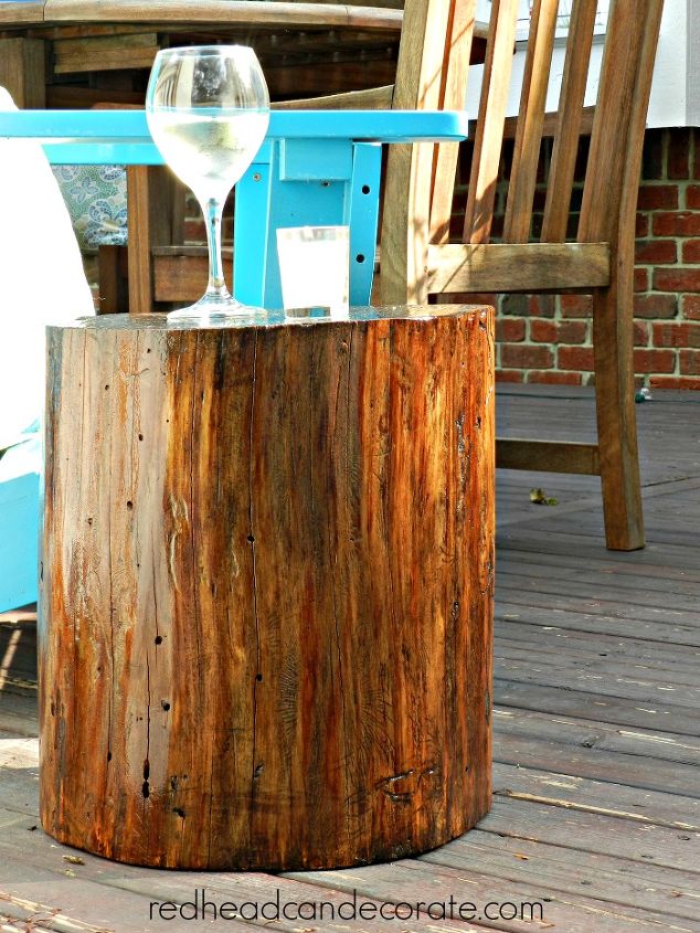 stump turned end table, painted furniture, repurposing upcycling, Stump with sun shining on it outside