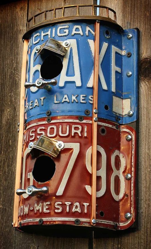 license plate repurposed metal birdhouses by gadgetsponge com, crafts, repurposing upcycling, Two Story Double Duplex Blue Red License Plate Repurposed Upcycled Metal Birdhouse