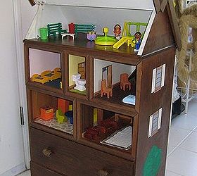 doll house created from chest of drawers, Dollhouse showing drawer and roof elevated