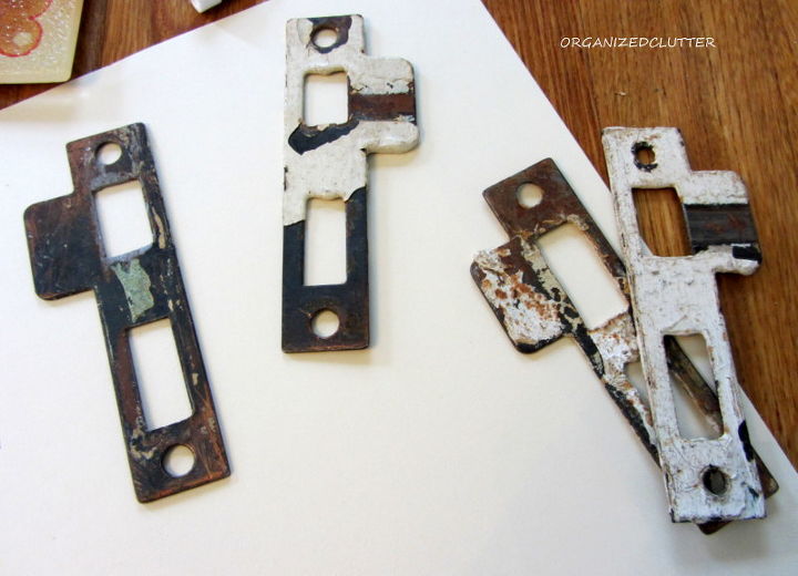door strike plate crosses, crafts, repurposing upcycling, I found four chippy paint door strike plates today for 4