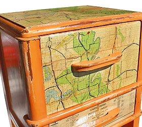1 of 1 custom orange vintage nighstand featuring a vintage shreveport map, chalk paint, painted furniture, I applied the vintage map with mod podge I had to be careful because so of the folks were already trying to separate Especially after they got moist