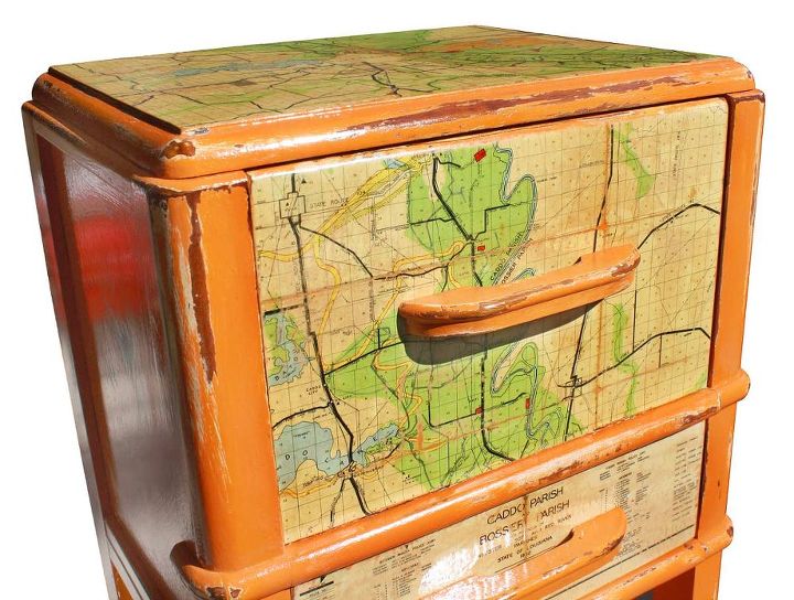 1 of 1 custom orange vintage nighstand featuring a vintage shreveport map, chalk paint, painted furniture, I applied the vintage map with mod podge I had to be careful because so of the folks were already trying to separate Especially after they got moist