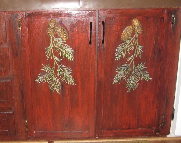 rustic kitchen cabinets get a country design with plaster stencils, home decor, kitchen cabinets, kitchen design, Joint compound was pre tinted green then used with the plaster stencil to create the branches