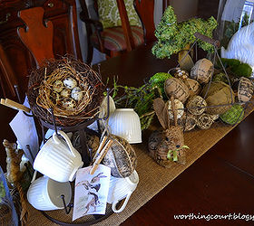my burlapy and vintagey easter centerpiece, easter decorations, seasonal holiday d cor, A faux egg filled nest fills the space on the top of the mug tree