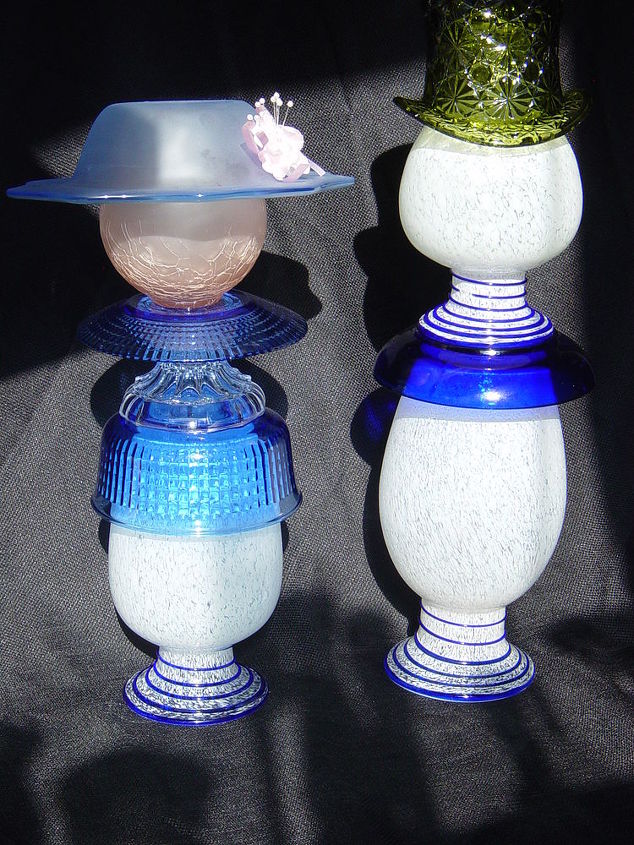 repurposed glass, The Mrs out for a stroll with her man When I found the three matching vases I knew they needed to stay together Assembled by Nita Hooper