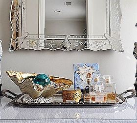 a vanity table, home decor, vanity table tray with jewelry perfumes and a small painting