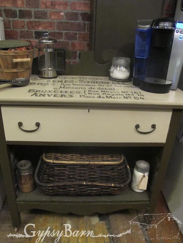 coffee stations from re purposed dressers, Another shot of the one we kept for our own home We got the text from one of the Graphic Fairy s images