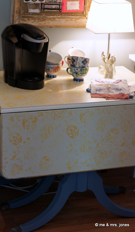 diy stencil projects, This drop leaf table got some cottage chic painted by Me Mrs Jones blog using our Allover Brocade stencil
