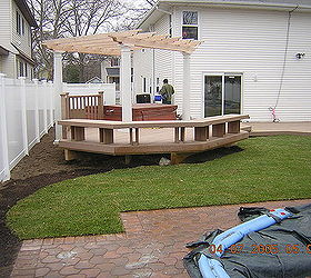 can you imagine relaxing in your hot tub gazing up through the pergola at the stars, decks, outdoor living, pool designs, spas, During Construction Hot Tub with multilevel Trex deck pergola and fire pit Built in 2005