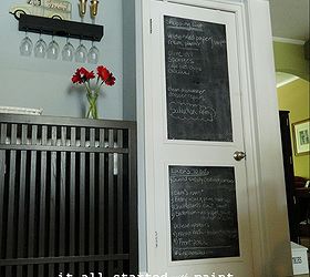 chalkboard door make your own, chalk paint, chalkboard paint, doors, home decor, painting, After Chalkboard door in kitchen made from foam core chalkboard paint and trim