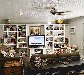 before after family room remodel, home decor, living room ideas, painting, shelving ideas, After the remodel A new ceiling 8 higher than the old crummy suspended tile
