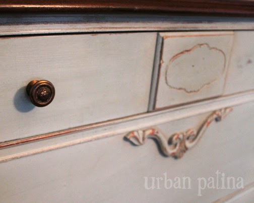 antique chest of drawers soft duck egg blue rich chocolate, painted furniture, The detailing on the wood and hardware are so fitting for this lady