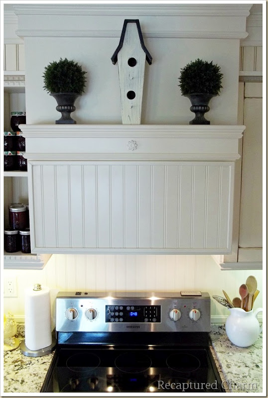 kitchen makeover bistro style, home decor, kitchen design, kitchen island, Range hood cover was made from MDF beadboard and lots of trim