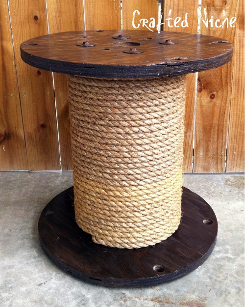 diy spool side table, painted furniture, repurposing upcycling, Spool table after sanding staining and poly