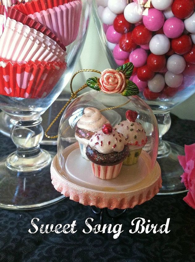 valentine s day vignette, crafts, seasonal holiday decor, valentines day ideas, wreaths, My mom in law gave this sweet mini cupcake and stand ornament a couple years ago it s my favorite
