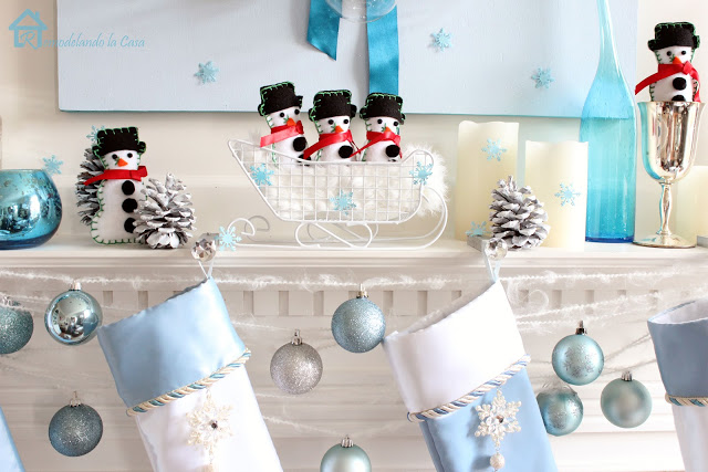 blue christmas mantel, christmas decorations, seasonal holiday decor