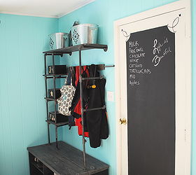 pipe shelves and diy bench for a mini mudroom, chalk paint, laundry rooms, organizing, shelving ideas, The metal bins hold our scarves hats and mittens
