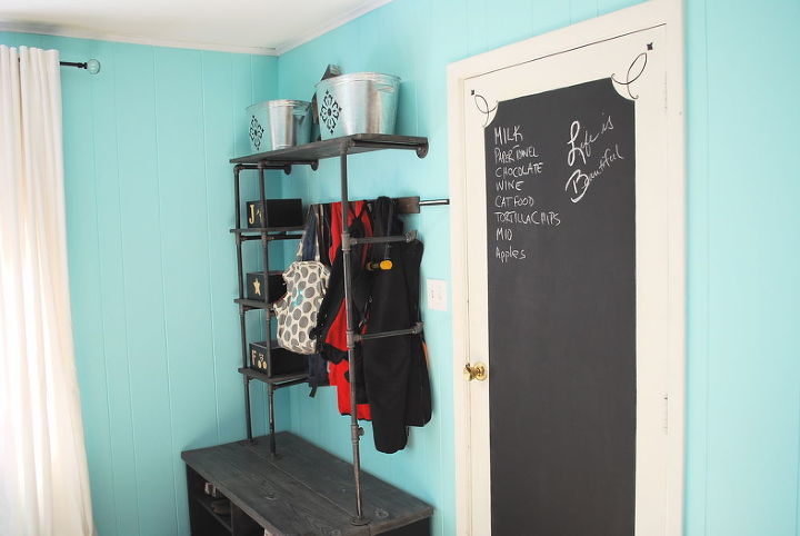 pipe shelves and diy bench for a mini mudroom, chalk paint, laundry rooms, organizing, shelving ideas, The metal bins hold our scarves hats and mittens