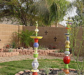 repurposing, fireplaces mantels, outdoor living, repurposing upcycling, My Polatems Pots plates totems made with items collected from Goodwill