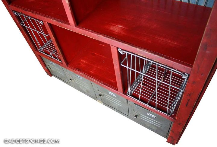 custom bookcase with vintage lockers and baskets, painted furniture, storage ideas, The vintage metal egg crates fit snugly into their new homes GadgetSponge com