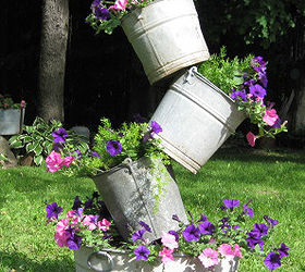 tipsy bucket tower, diy, flowers, gardening, how to, Tipsy buckets