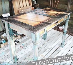 funky distressed desk with a stained design on top, painted furniture, Funky Distressed Desk with a Stained Design on Top