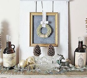 nature inspired mantel decor, seasonal holiday d cor, wreaths, A Rosemary wreath pine cones milk glass and some vintage sparkle come together for a simple natural mantel vignette