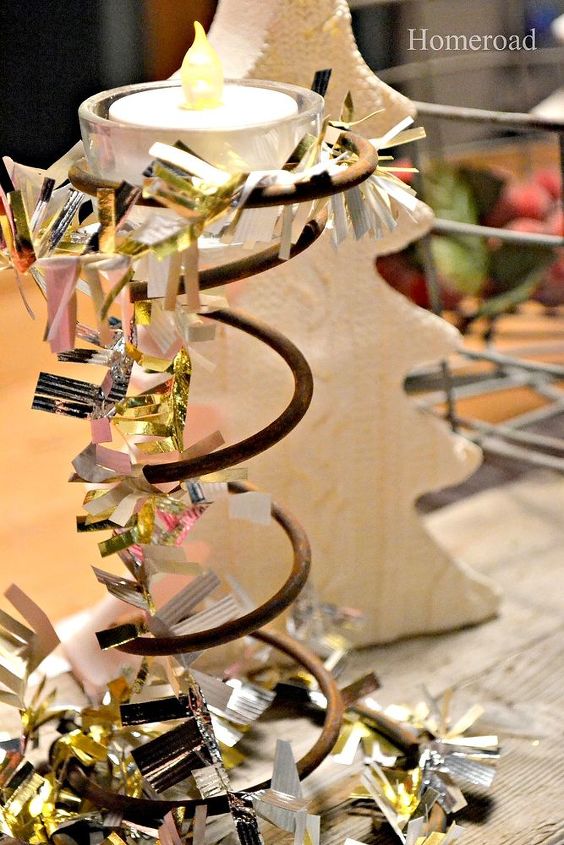repurposed sparkle garland, crafts, repurposing upcycling, seasonal holiday decor, Wrapped around a rusty spring gives this tea light holder New Year s Eve sparkle