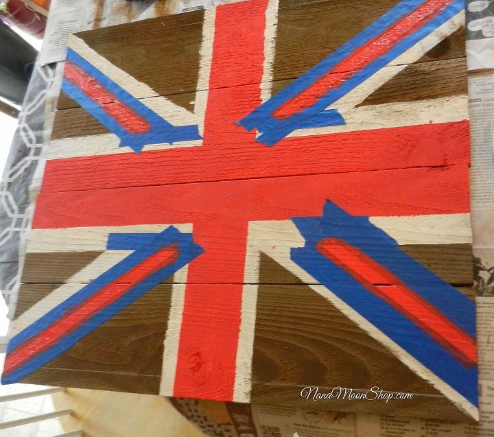 hand painted british flag inspired art on fence boards, crafts, painting, repurposing upcycling, I used painters tape to create the affect Painted with acrylic craft paint