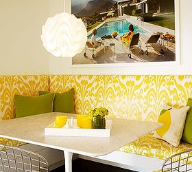 restaurant style booths in the home, A retro kitchen uses a bold pattern on the banquette to entice guests to sit and relax for a while Photo source