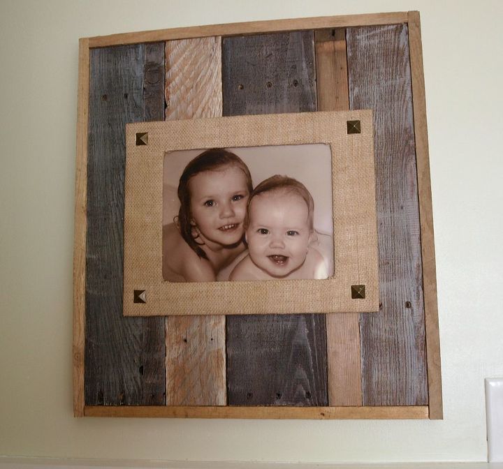 reclaimed wood and burlap picture frame, crafts, pallet, woodworking projects, Mount mat to frame using decorative nails