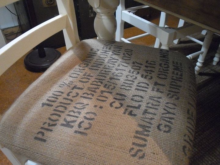 pallet wood farmhouse dining table, painted furniture, I used coffee bean bags the more writing on them the better I have left some plain as well