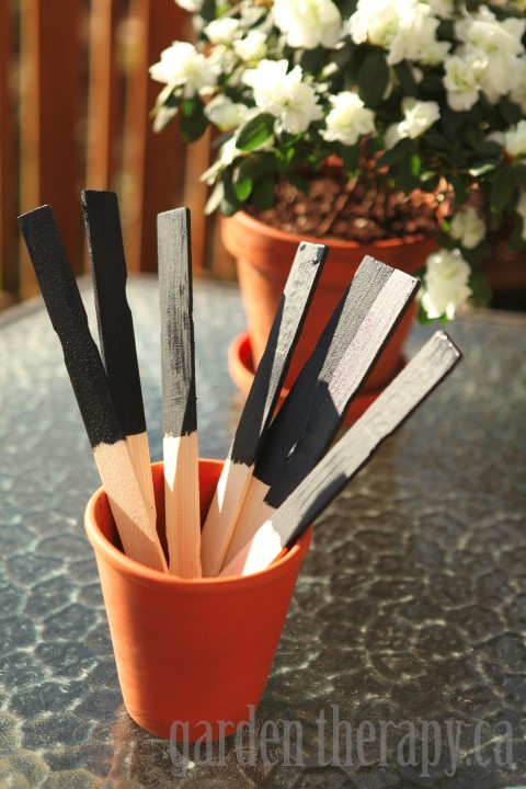 chalkboard paint plant markers, chalkboard paint, crafts, gardening, Once your paint is prepared you can tape off a section of your stick or just wing it You will dip the stick into the paint and use your brush or roller to make sure the excess is removed