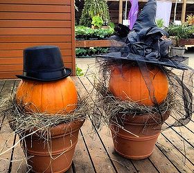 whimsical fall planters, gardening, halloween decorations, seasonal holiday d cor, A simple pumpkin propped in a pot on a nest of hay Pop on a decorative hat from Walmart for a simple display
